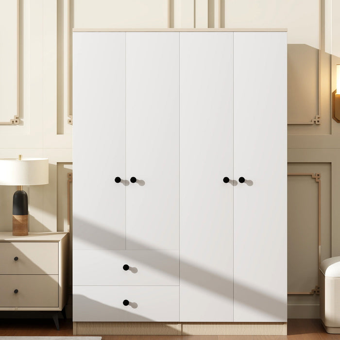 4 Door Wardrobe Closet With Drawers, Shelf, And Hanging Rod - White / Natural