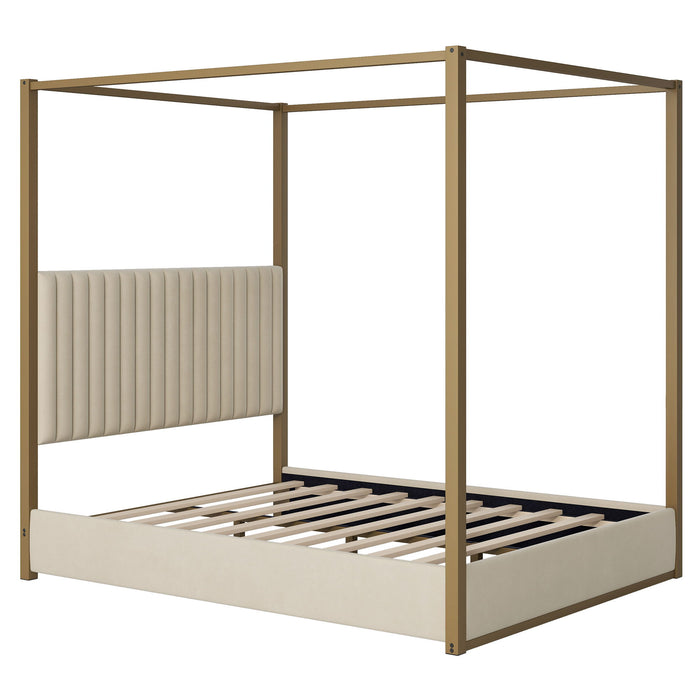 Upholstered Canopy Platform Bed With Frame, Queen Size - Beige