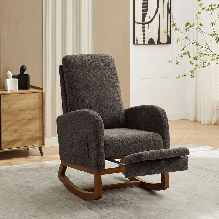 Rocking High Back Glider Chair With Retractable Footrest, Side Pocket