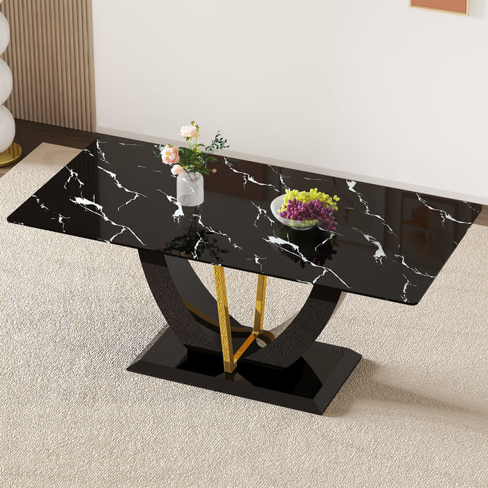 Modern Minimalist Luxurious Imitation Marble Dining Table Rectangular Office Desk With Tempered Glass - Black