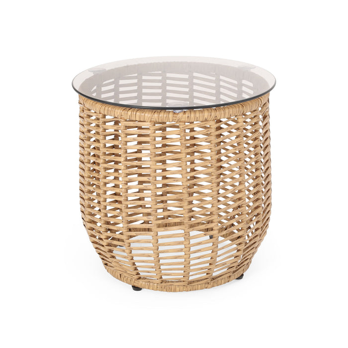 Boho Arias - Side Table With Tempered Glass Top And Rattan Wrap