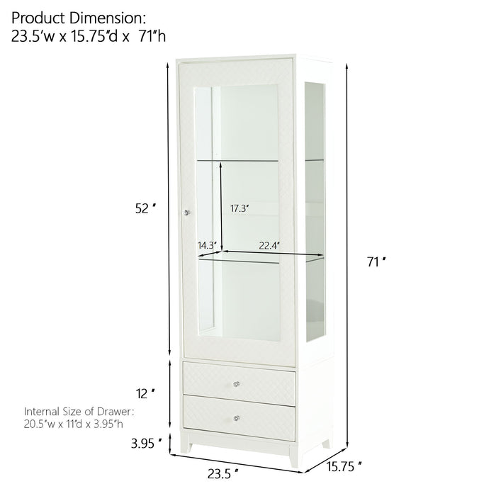 Modern Upholstered Glass Display Cabinet With Adjustable LED Light - White