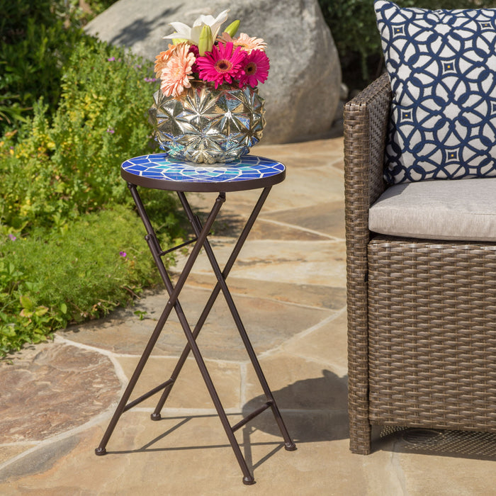 Outdoor Folding Accent Table With Glass Top And Iron Frame - White / Blue