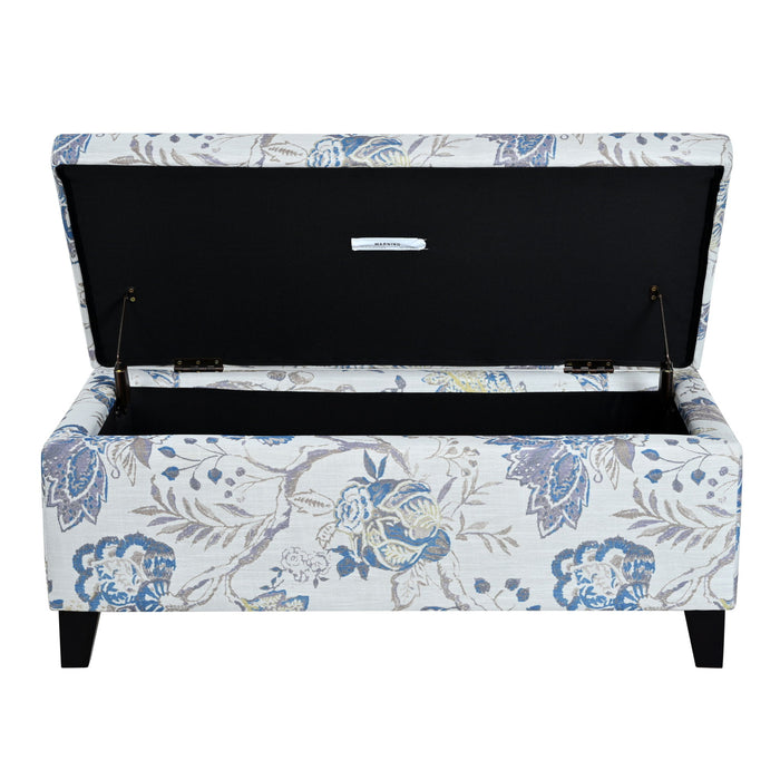 Luxury Storage Ottoman With Floral Patterned Fabric, Soft Close Hinges, Functional Footrest & Seat - Blue Flower / Blue Multi