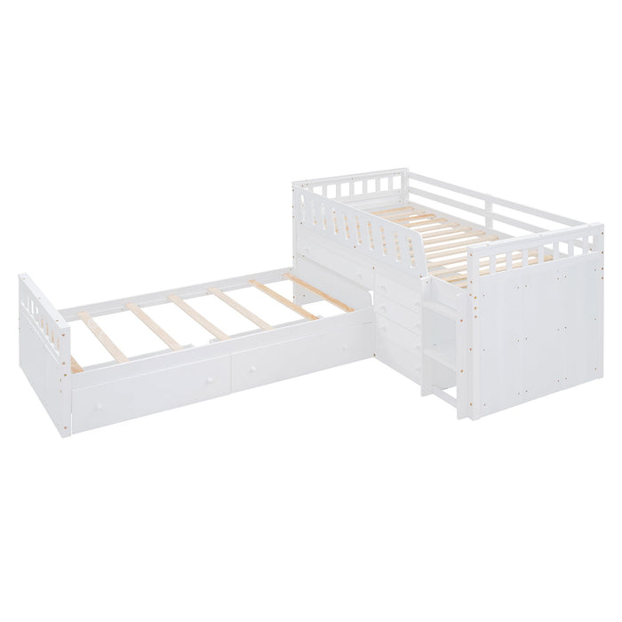 Loft Platform Bed With 7 Drawers And Full Guardrails, Modern L Shaped Space Savin