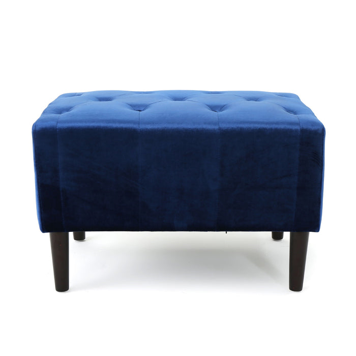 Mid Century Ottoman Velvet With Button Tufting With Birch Wood Legs - Navy Blue