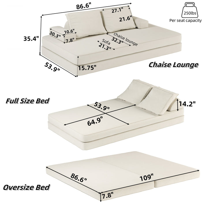 Multifunctional Convertible Sofa Bed With 2 Tumbler Backrests And 2 Pillows, Deep Seat Couch