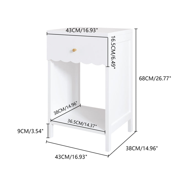 Nightstand With Drawer And Open Shelf, Scalloped Edge Bedside Table