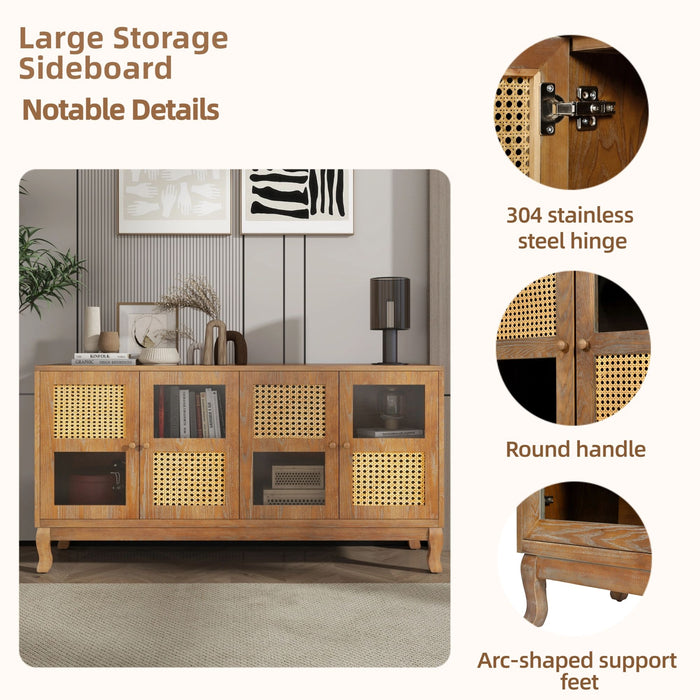 Retro Industrial 4 Door Sideboard With Large Storage, Rattan And Glass Doors