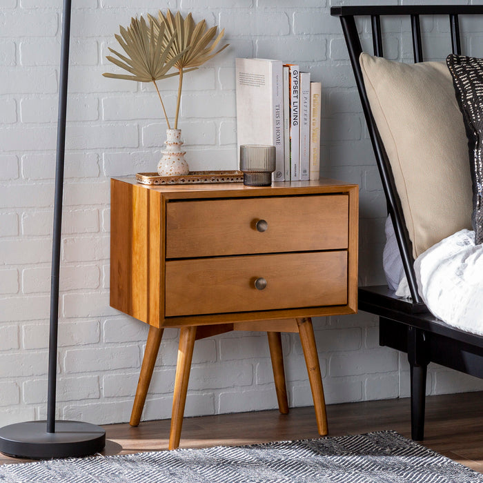 Mid Century Modern Double Drawer Nightstand - Caramel