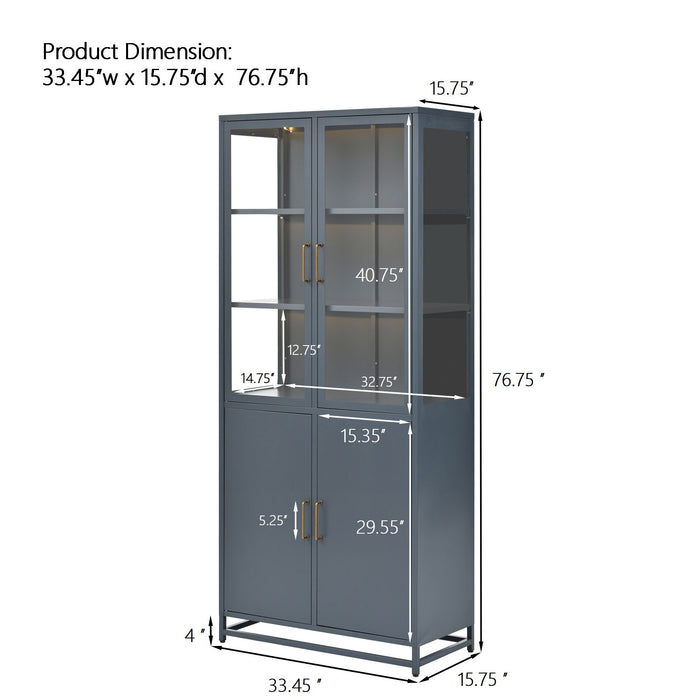 Modern Style Tall Steel Display Cabinet With Double Glass Doors, LED Lights
