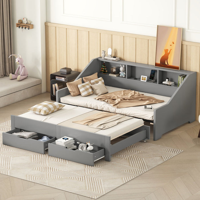 Daybed Frame With Storage Bookcases, 2 Drawers, Charging Station
